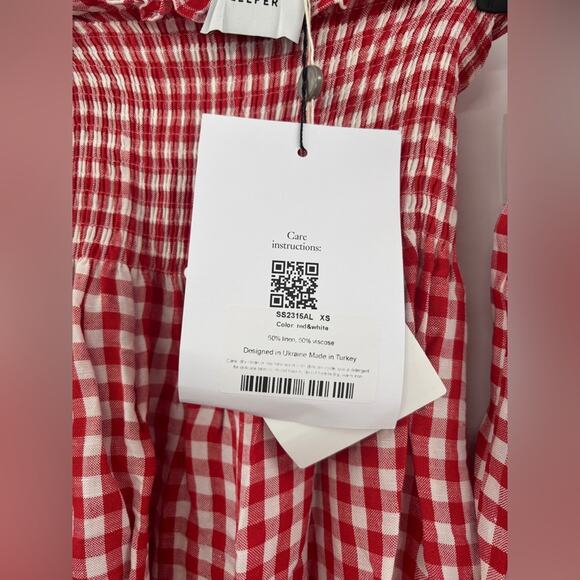 Sleeper Atlanta Linen Gingham Midi Dress Off Shoulder Red - Picture 8 of 10